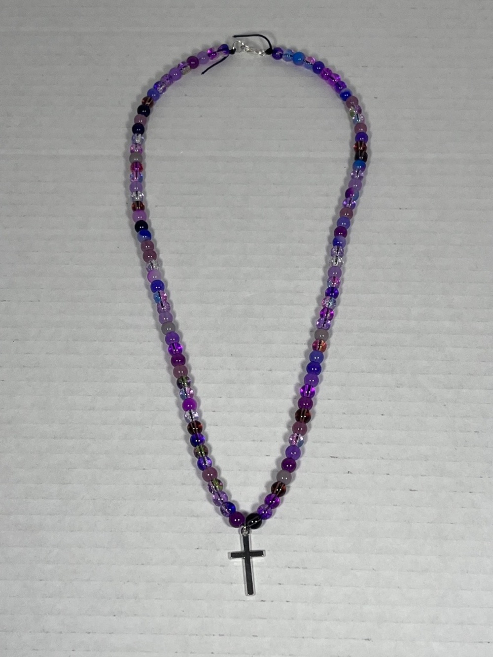 Silver Cross Purple Glass Bead Necklace ~23 inches